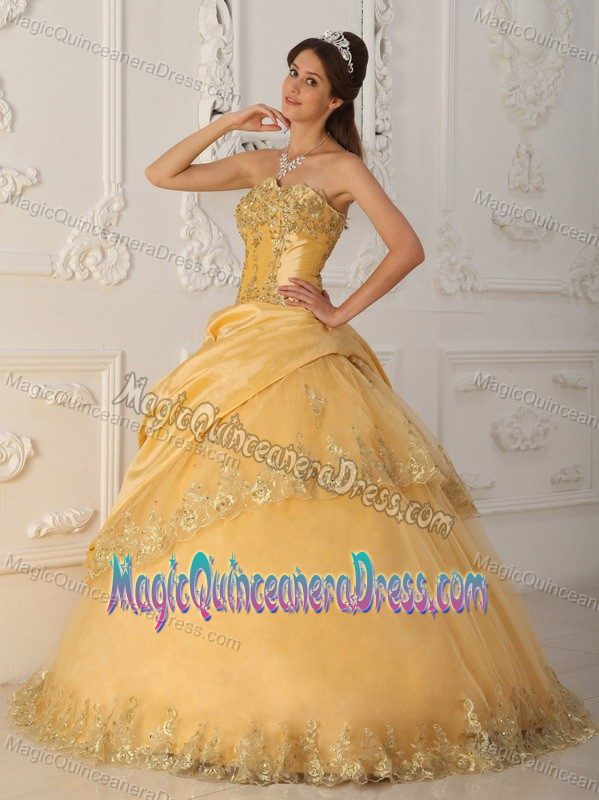 Gold Appliqued Strapless Long Quinceanera Gowns with Lace and Pick-ups