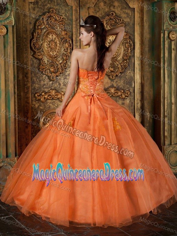 Cute Orange Beaded Strapless Floor-length Sweet 16 Dress with Appliques