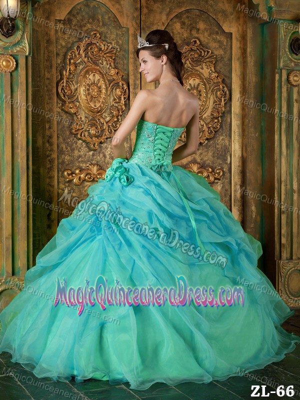 Turquoise Beaded Strapless Long Quinceanera Gowns with Flowers in Erie