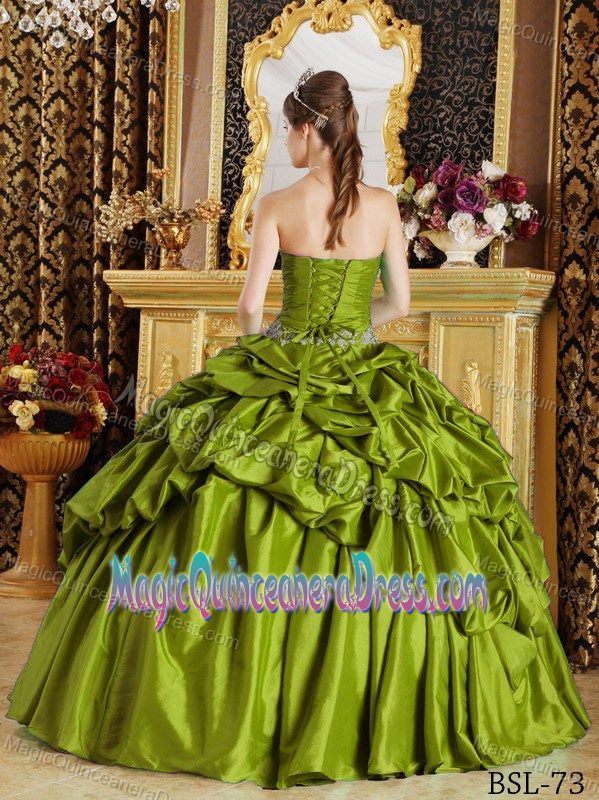 New Olive Green Strapless Long Quinces Dress with Applique and Pick-ups
