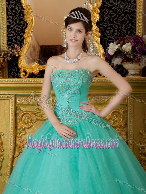 Pretty Strapless Turquoise Floor-length Sweet Sixteen Dresses with Beading