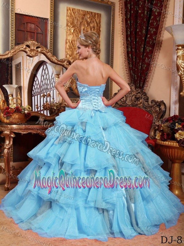 Sweetheart Beaded Baby Blue Floor-length Dresses for Quince with Layers