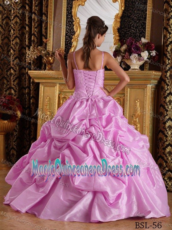 Pink Spaghetti Straps Quinceanera Gowns with Appliques and Pick-ups in Keeston