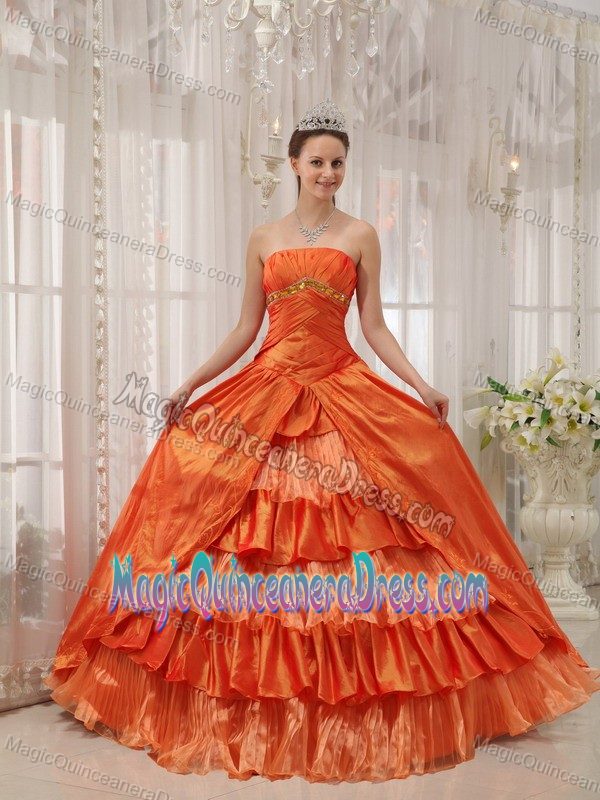 Orange Ruched Strapless Layered Dress for Quinceanera with Ruffles in Nice