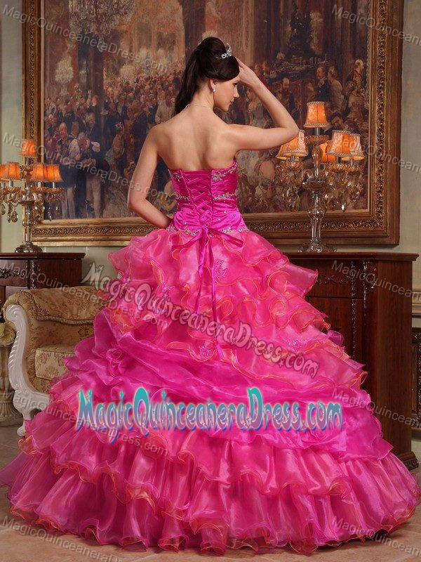 Fuchsia Beaded Sweetheart Floor-Length Dress for Quince with Ruffles in Paris