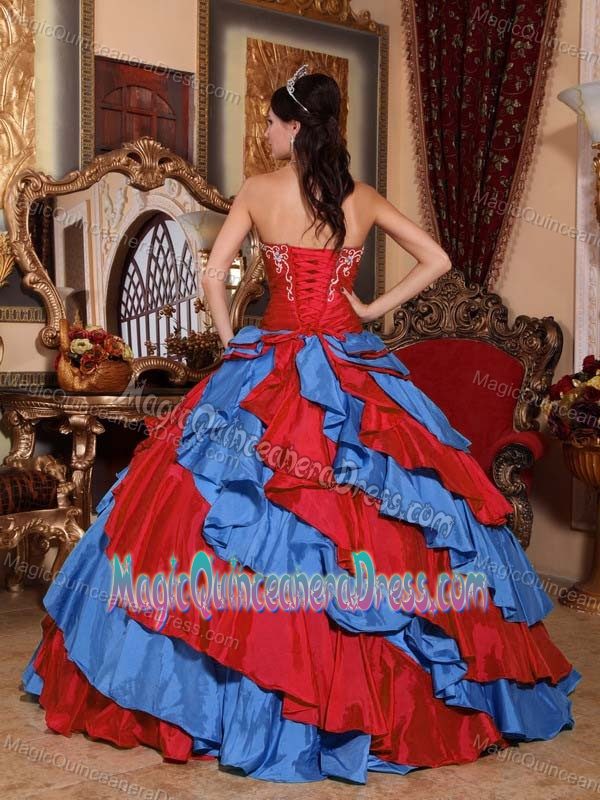 Ruffled Blue and Red Strapless Sweet Sixteen Quinceanera Dress in Bloomington