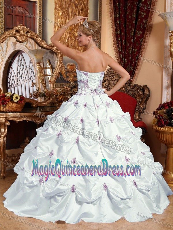 Strapless Floor-length Taffeta White Sweet Sixteen Dress with Pick-ups in Avon