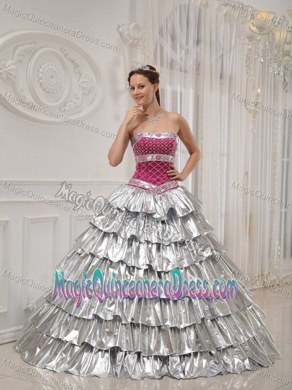 Popular Silver Princess Strapless Sweet Sixteen Dresses with Pick-ups in Fowler