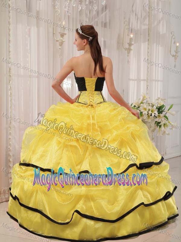 Strapless Floor-length Yellow and Black Quinceanera Gown Dress with Pick-ups