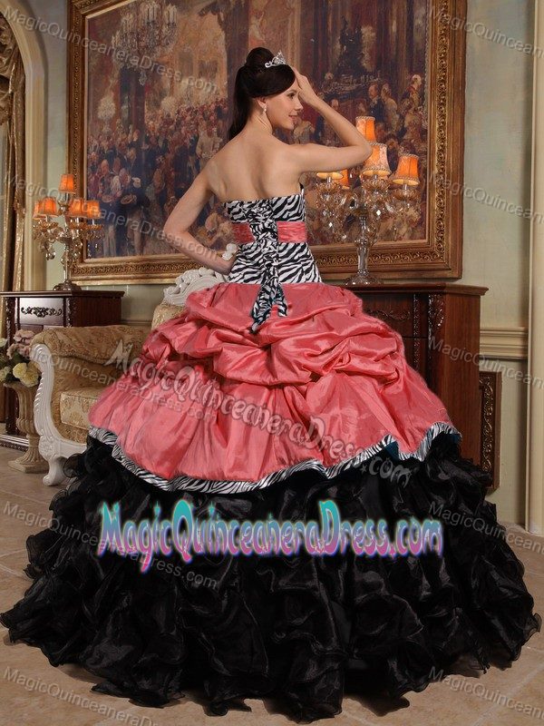 Red and Black Sweetheart Floor-length Sweet 16 Dress with Pick-ups and Ruffles
