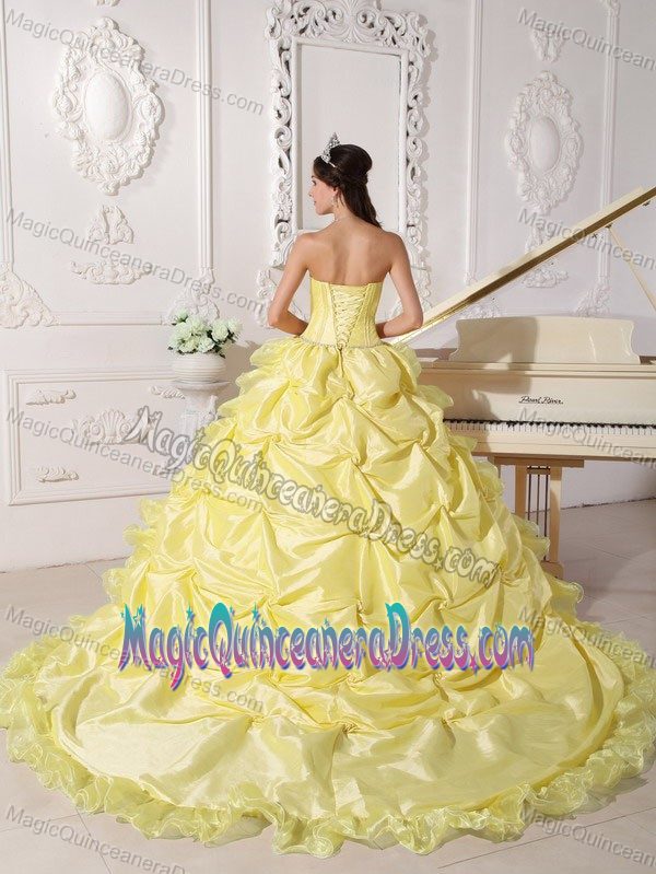 Yellow Strapless Chapel Train Sweet Sixteen Quinceanera Dresses with Pick-ups