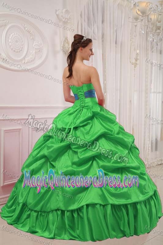 Green and Blue Strapless Floor-length Quince Dresses with Beading and Flowers
