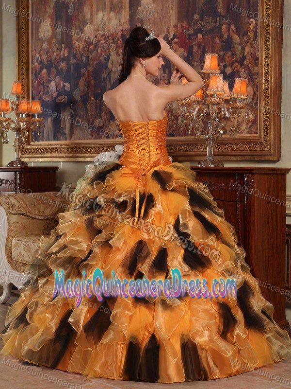 Ruffled Orange and Black Strapless Floor-length Quinceanera Dresses in Culver