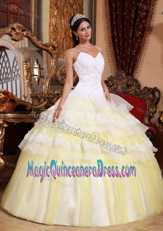 Ruffled Spaghetti Straps Floor-length Light Yellow Quince Dress with Appliques