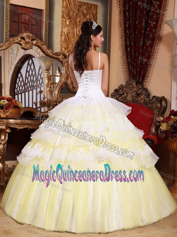 Ruffled Spaghetti Straps Floor-length Light Yellow Quince Dress with Appliques