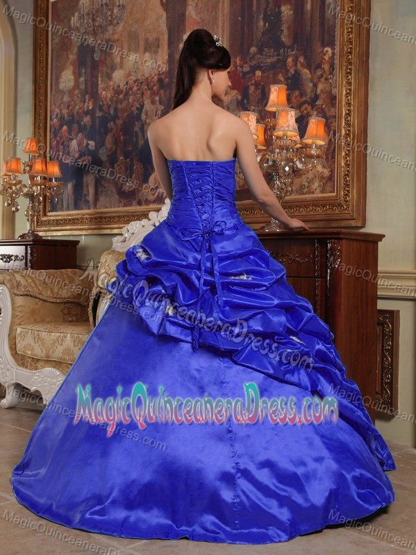 Blue Sweetheart Princess Beaded Quinceanera Gown with Appliques and Pick-ups