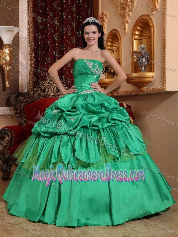Green Strapless Princess Quinceanera Gown Dresses with Appliques and Pick-ups