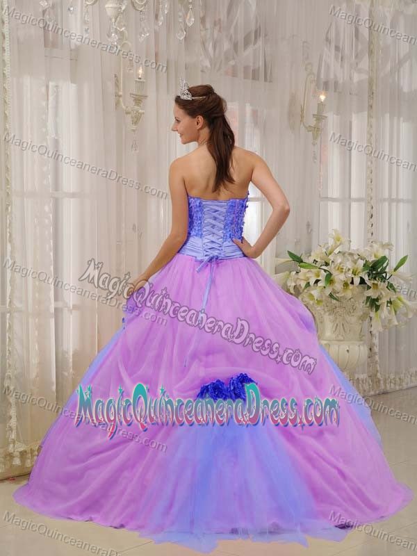 Lilac and Lavender Strapless Floor-length Quince Dress with Beading and Flower