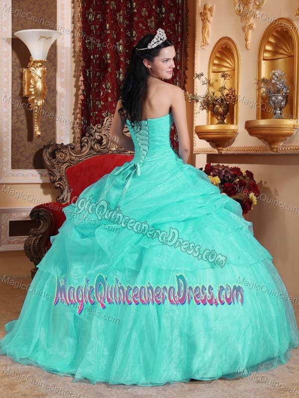 Strapless Floor-length Quince Dresses in Aqua Blue with Appliques and Pick-ups