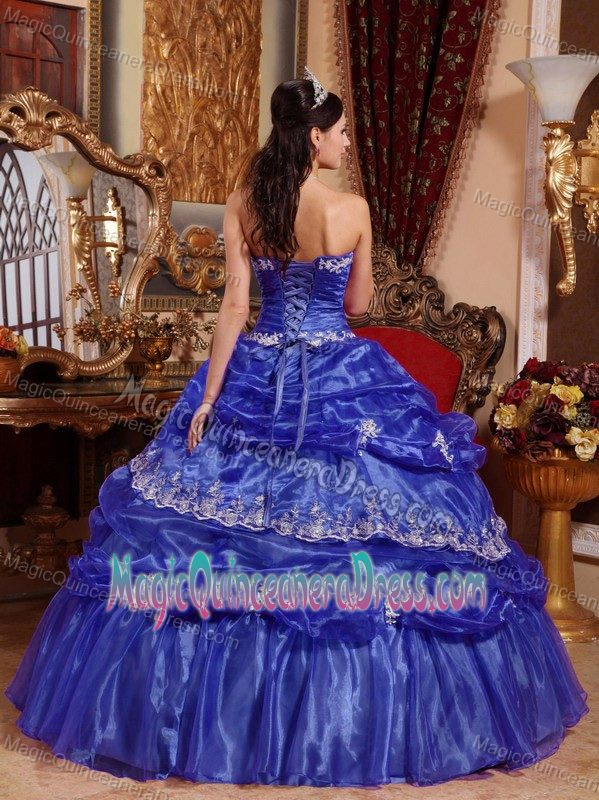 Blue Strapless Floor-length Quinceanera Dresses with Appliques and Pick-ups