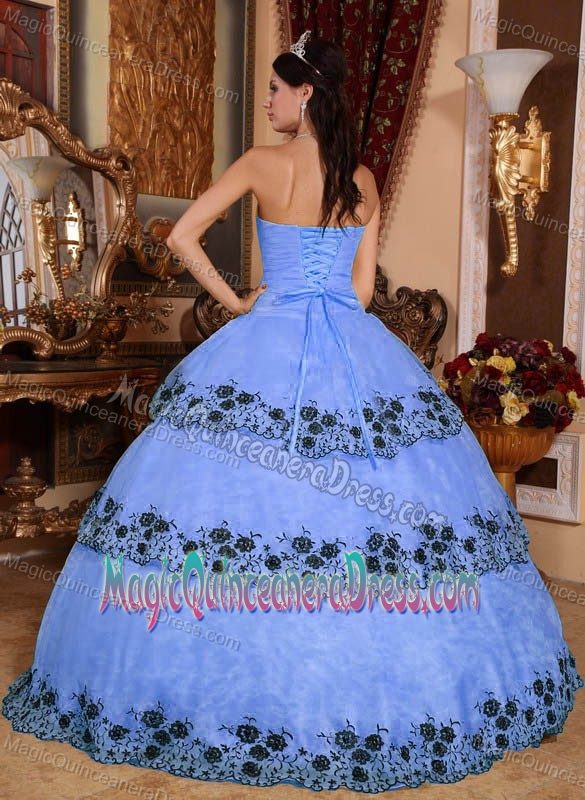 Strapless Floor-length Light Blue Quinceanera Gowns with Appliques in Camby