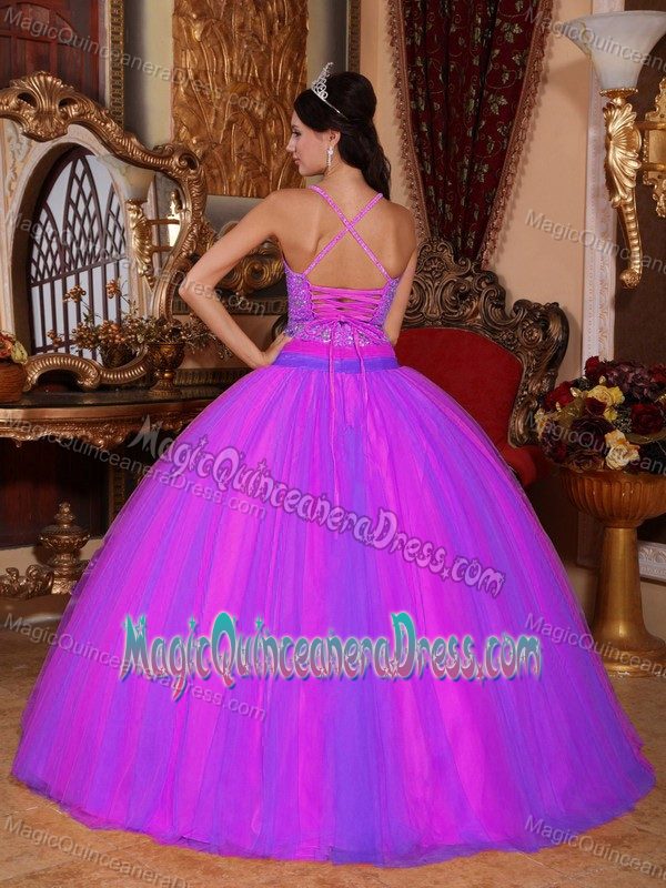 Magenta V-neck Princess Dress For Quince with Beading and Criss-cross Back