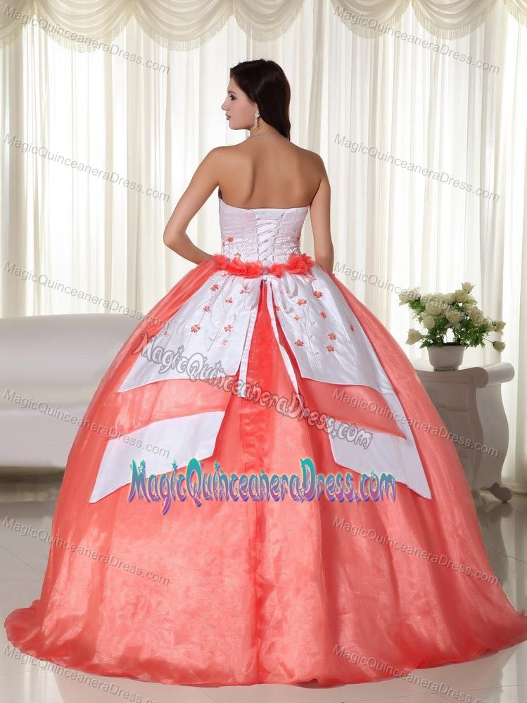 Orange Red Strapless Floor-length Quinceanera Gowns with Appliques in Hull