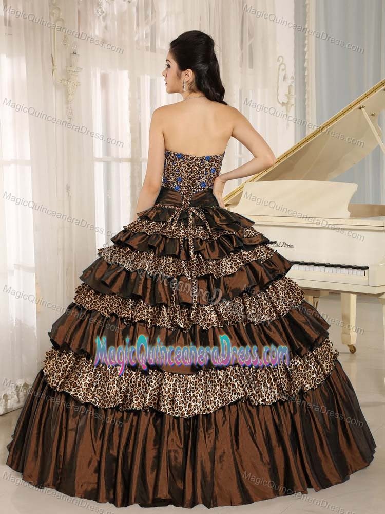 Brown Ruffled and Appliqued Sweetheart Princess Quince Dress with Pattern