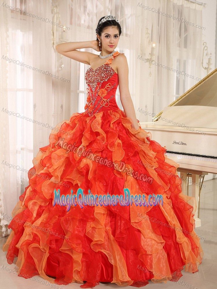 Ruffled One Shoulder Beading Orange Red Quinceanera Gowns with Beading