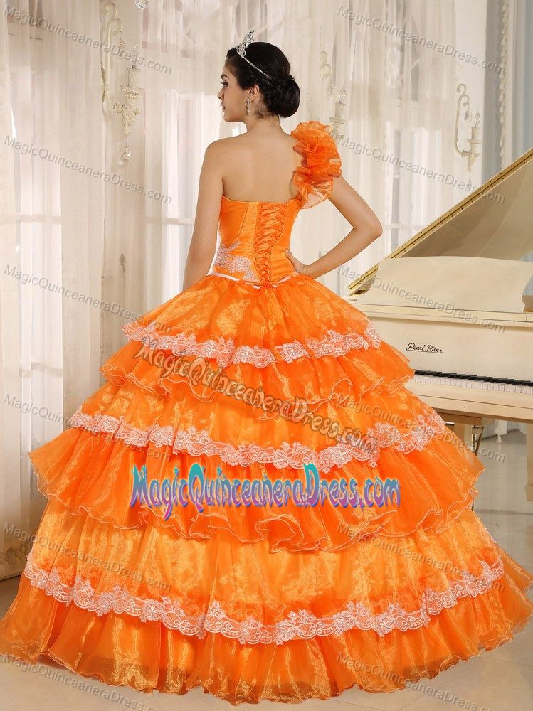 Orange One Shoulder Floor-length Quinceanera Gown Dresses with Appliques