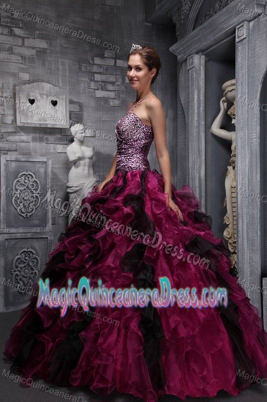 Plus Size Burgundy Ruffled Quinceanera Dress with Leopard Print on Bodice