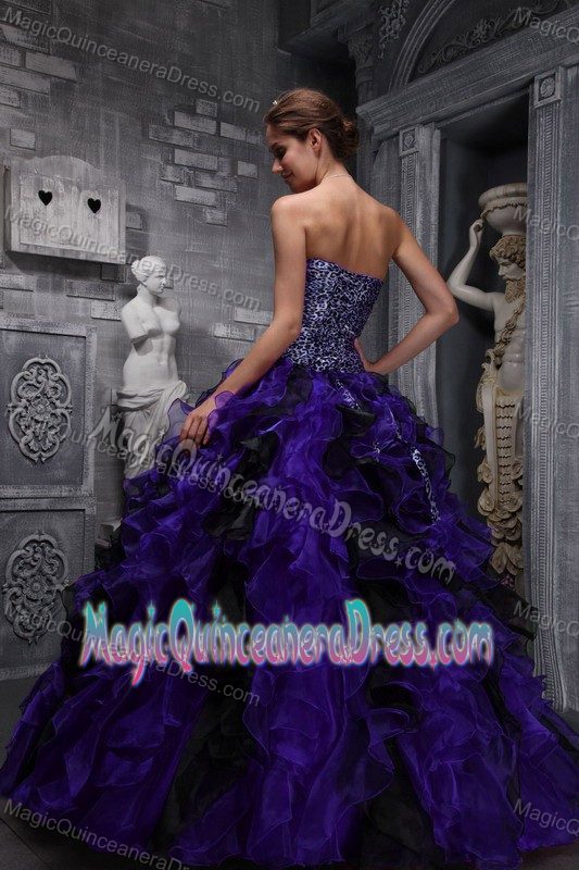 Brand New Leopard Print Purple Quinceanera Gown Dress with Ruffled Hem