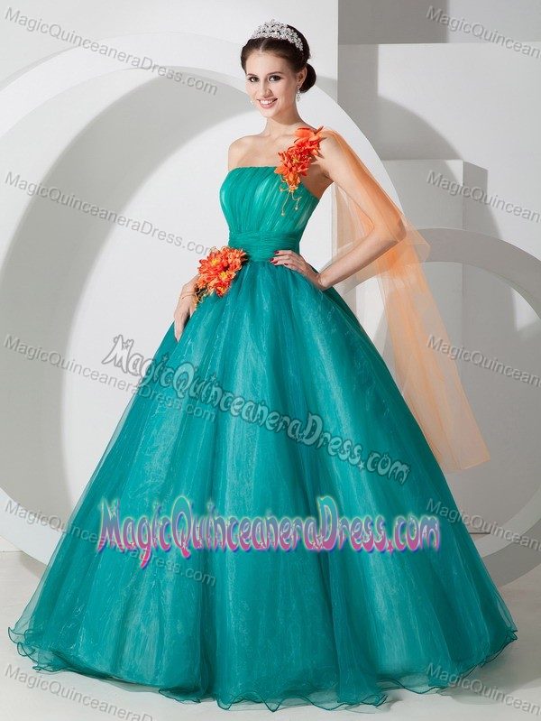 Cheap One Shoulder Teal A-line Sweet 16 Dresses with Orange Red Flowers