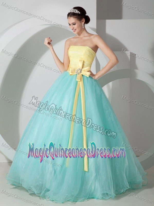 Unique Yellow and Aqua Blue Ball Gown Quinces Dresses with Bow on Sale