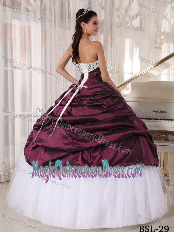 Exclusive White and Burgundy Quince Dress with Embroidery and Pick-ups