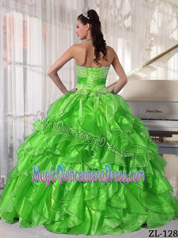 Ruffled Appliqued Spring Green Quinceanera Gown in Tiquipaya Bolivia