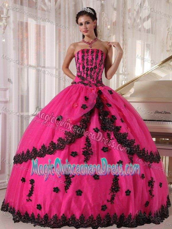 2013 Stylish Hot Pink Quinceanera Gown Dresses with Black Appliques