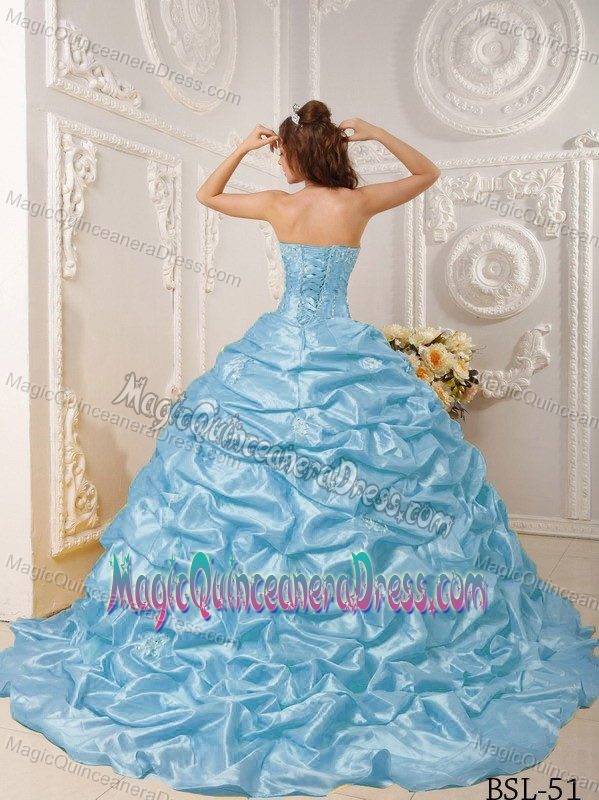 Dreamy Court Train Taffeta Aqua Blue Quinces Dress with Pick-ups and Beads