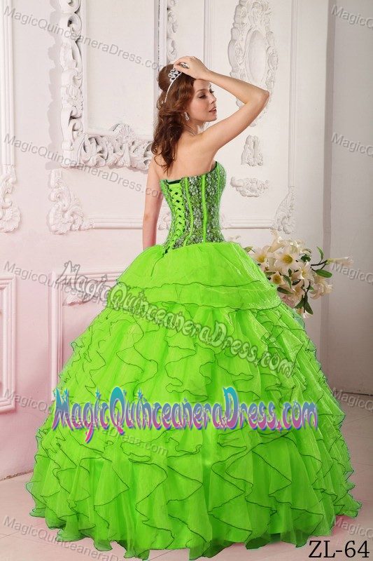 New Spring Green Ruffled Beaded Quinceanera Gown Dresses in Organza