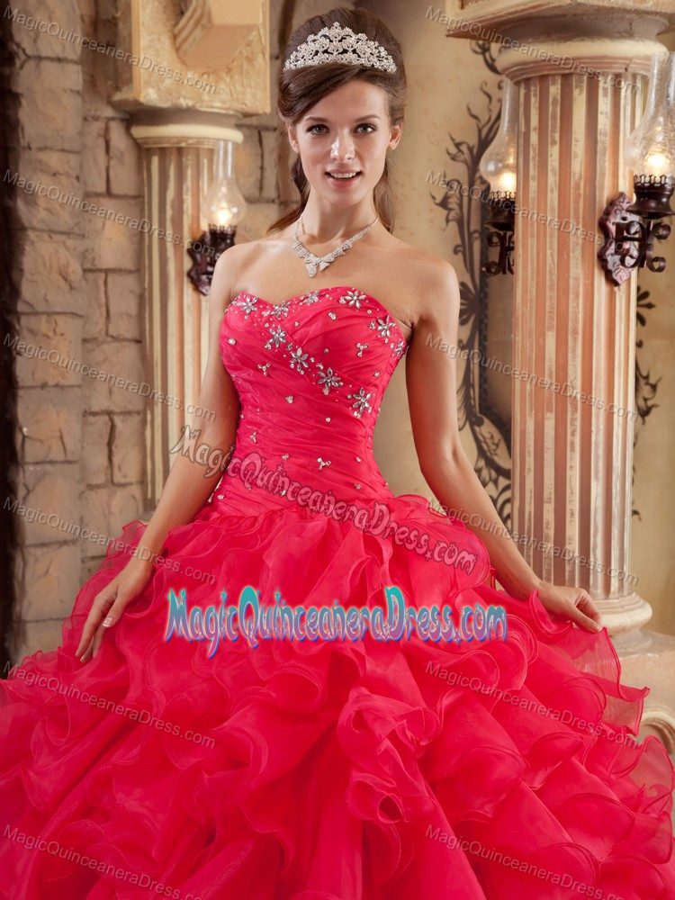 New Arrival Beaded Ruffled Coral Red Quinceanera Dresses Store