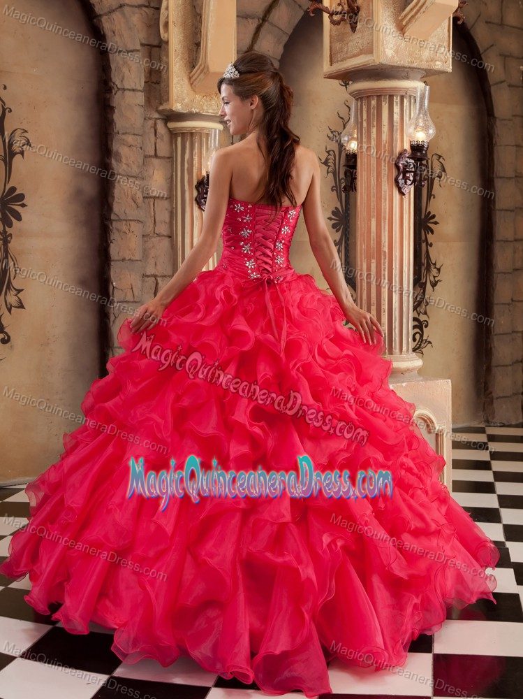 New Arrival Beaded Ruffled Coral Red Quinceanera Dresses Store