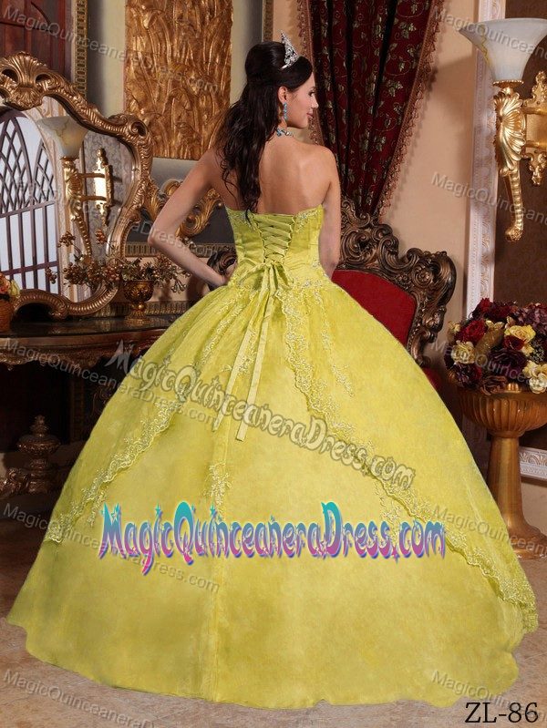 Attractive Strapless Appliqued Yellow Quinceanera Dresses under 200