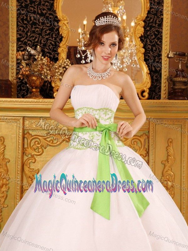 Modest Snow White Appliqued Quinceanera Dress with Bowknot in Style