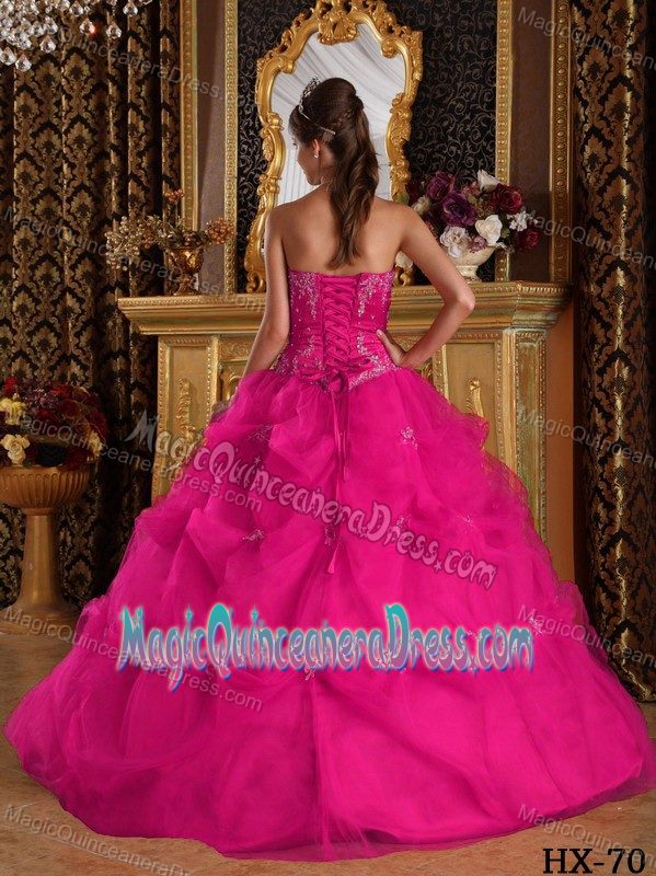 Plus Size Hot Pink Appliqued Sweet 16 Dresses with Slot Neck and Pick-ups