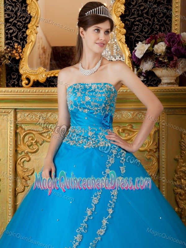 Fashionable Strapless Appliqued Teal Quinceanera Gown Dress Online Shop