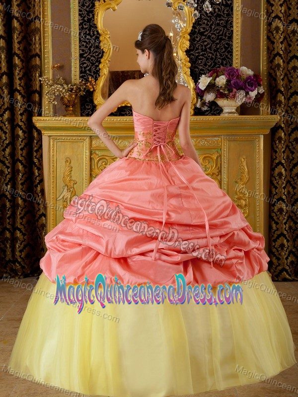 Hot Sale Yellow and Watermelon Sweet 16 Dresses with Pick-ups and Flowers