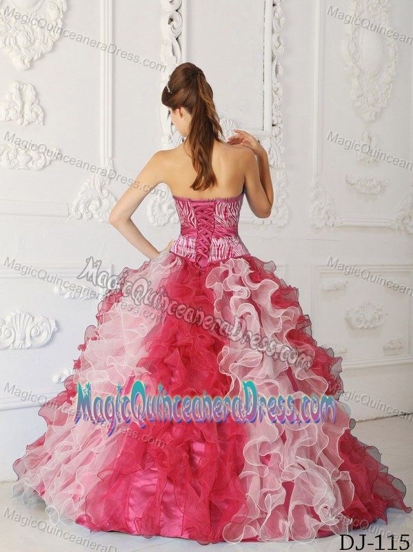 Plus Size Zebra Print White and Red Ruffled Quinceanera Gown on Sale