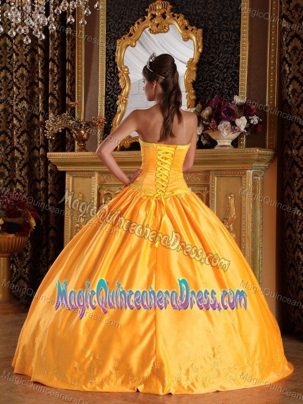 Brand New Strapless Orange Quinceanera Dress with Embroidery and Bow