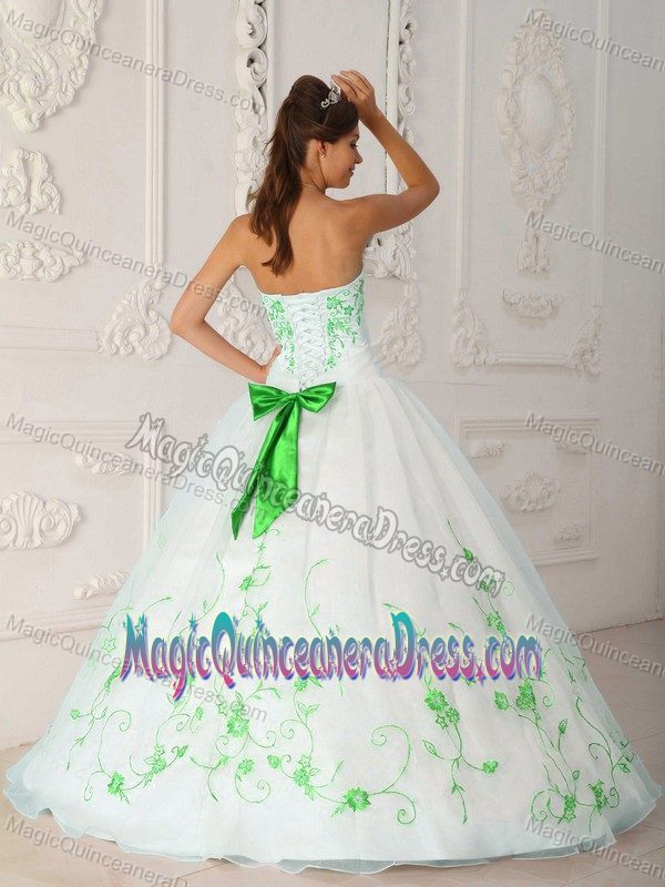 White Strapless Satin and Organza Embroidered Quinceanera Dress in Racine