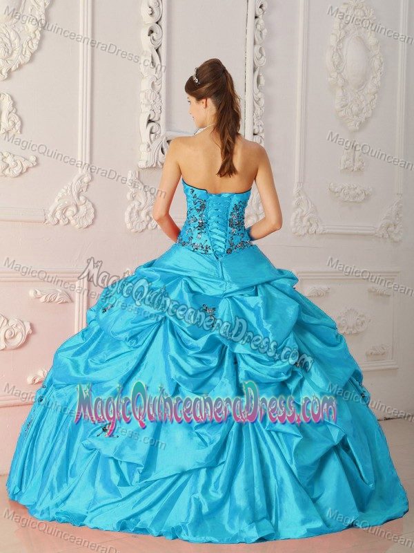 Aqua Blue Strapless Taffeta Quinceanera Gowns with Appliques in Yakima